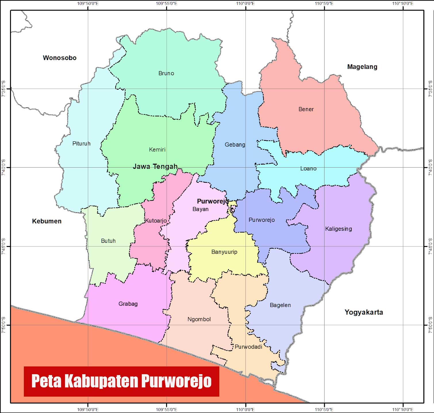 Peta Kabupaten Purworejo lengkap 16 kecamatan