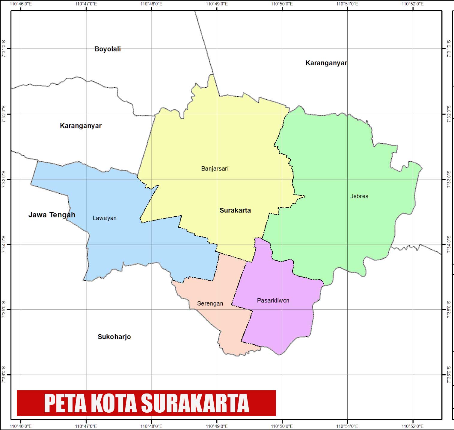 Peta Kota Surakarta lengkap 5 Kecamatan